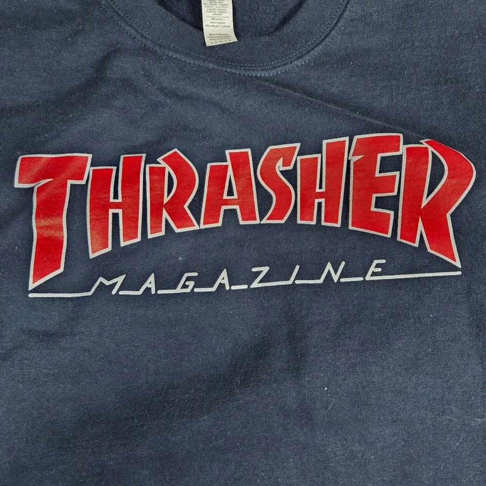 VTG Thrasher Mens Navy Blue Magazine Graphic Pullover Sweatshirt Large